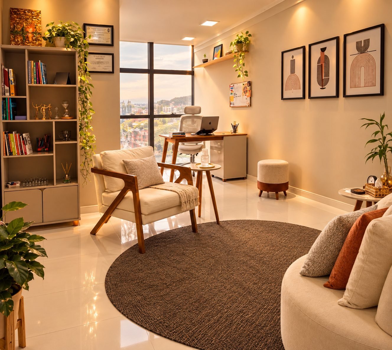 Sala de atendimento do consultório de psicologia em Joinville, com poltrona, escrivaninha e plantas